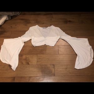 Bell Flounce Sleeve White V-Neck Crop Top
